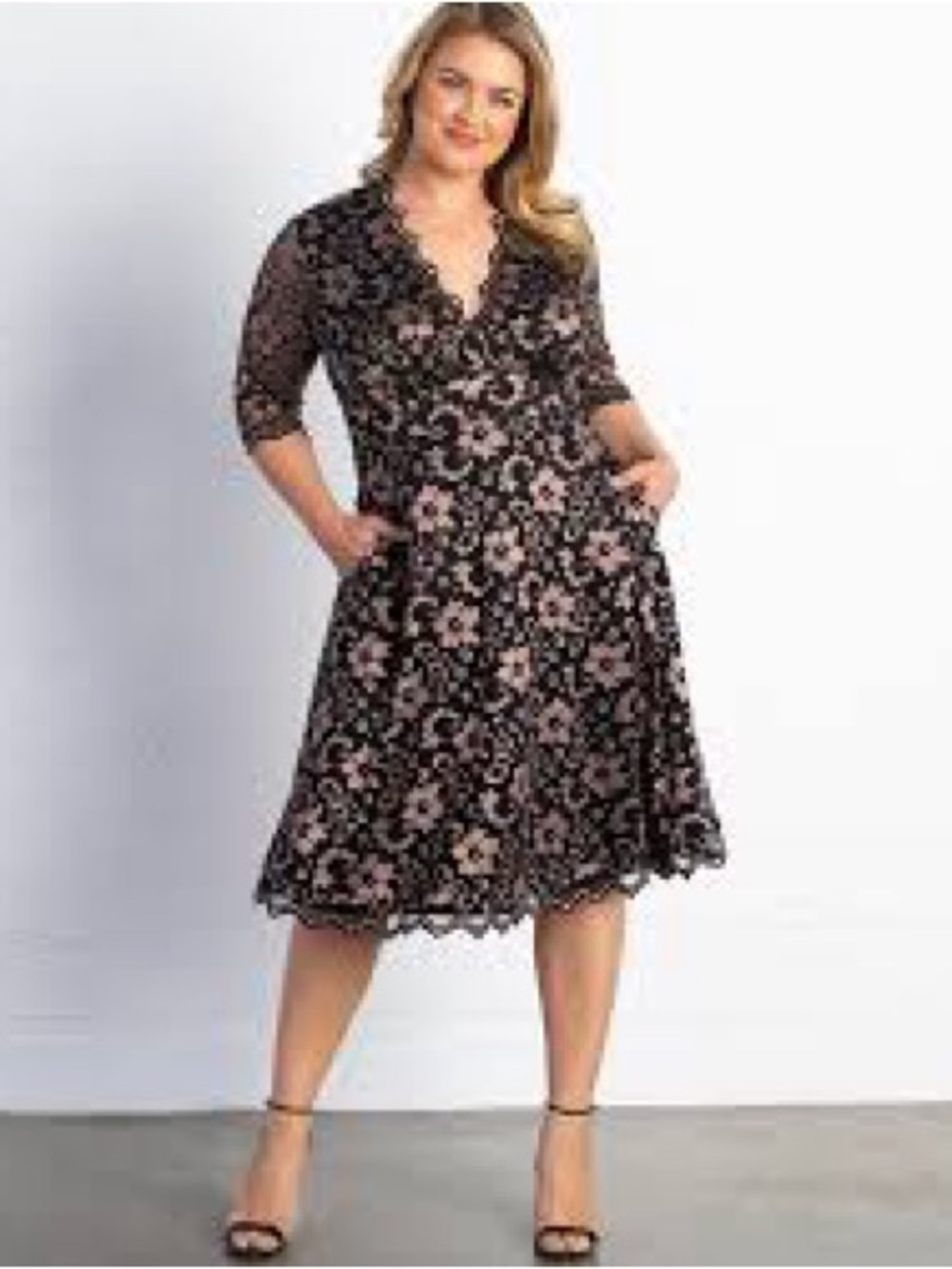 Kiyonna Black Lace Midi Dress with Blush Floral Underlay